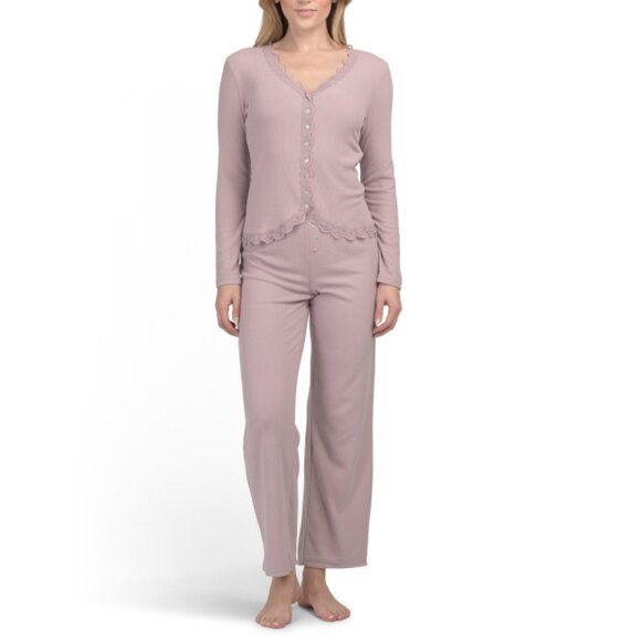 DANSKIN Lunar 3pc Ribbed Matching Top Pants And Bralette Pajama Set
